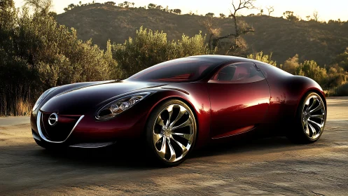 Sleek crimson concept car glowing in soft golden sunset light.