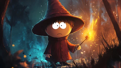 Cartoon robed figure in forest holding torch at night.