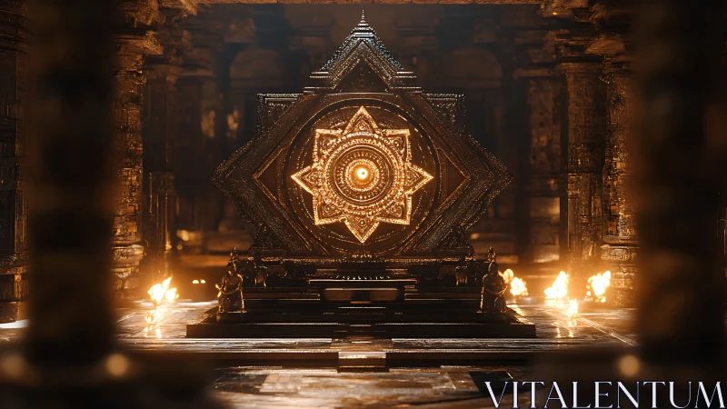 Geometric illuminated altar structure in stone chamber.