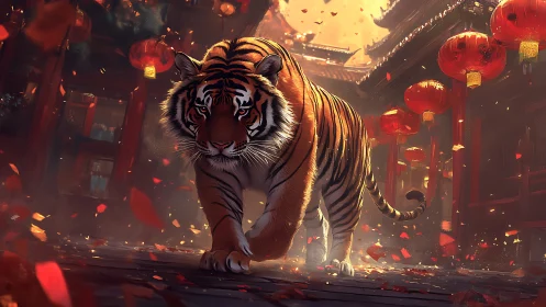 Lantern-lit tiger stride through ember-bright festival dusk.