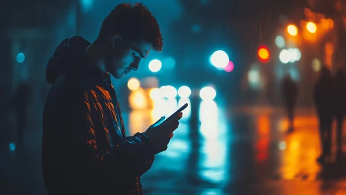 Young man using smartphone alone on rainy neon city street.