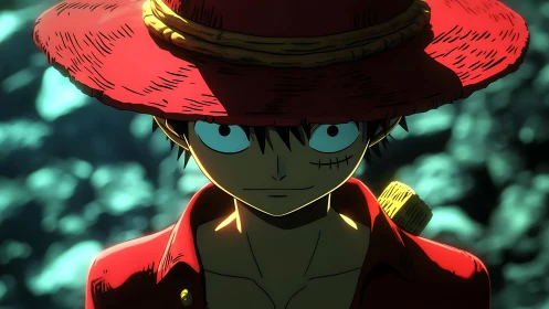 Straw hat adventurer bathed in bold jungle shadow light.