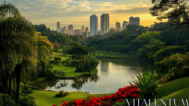 Urban skyline overlooks landscaped park with reflective lake