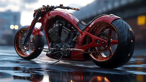 Detailed view shows low-profile custom motorcycle on wet street