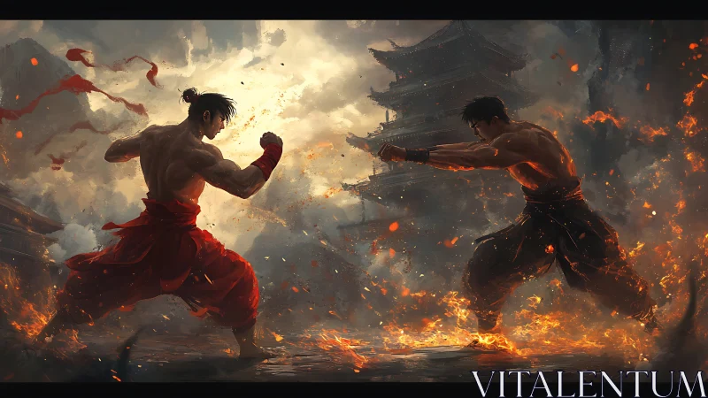 Fiery martial artists square off in a storm of sparks and smoke
