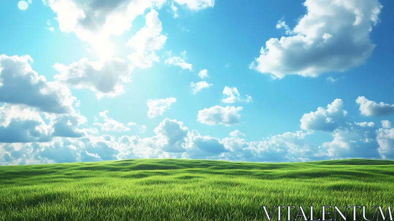 Grassy field under midday sun with scattered cumulus clouds.