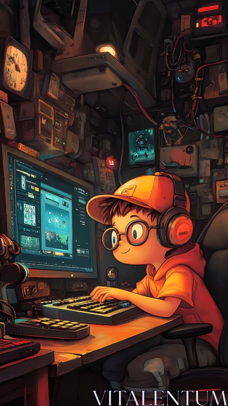 Cartoon boy gamer at RGB workstation in cluttered retro lab