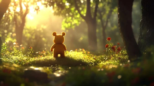 Plush bear toy stands in glowing forest clearing at dawn.