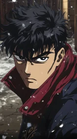 Brooding winter anime hero pausing in the falling snow.