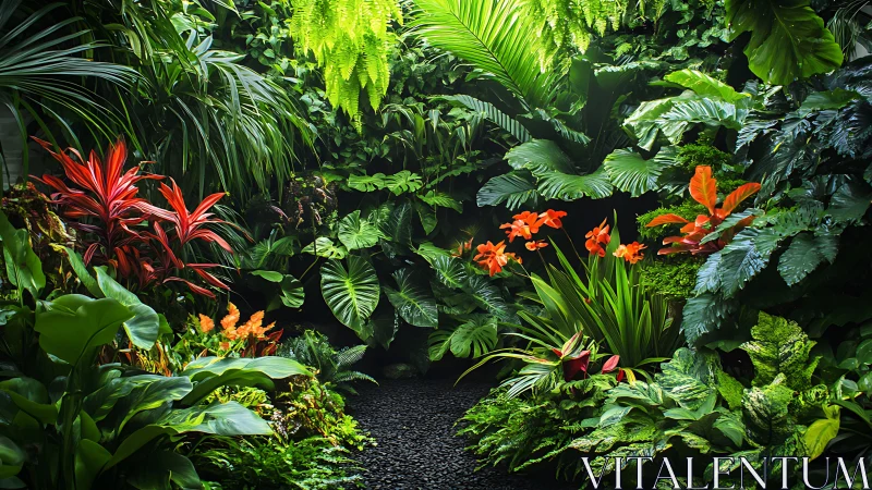 Lush tropical garden with dense foliage and orange flowers.