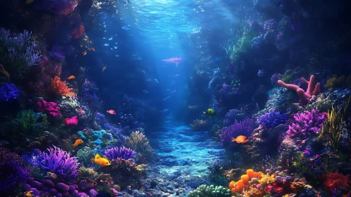 Radiant coral canyon with volumetric caustics and dense fish life