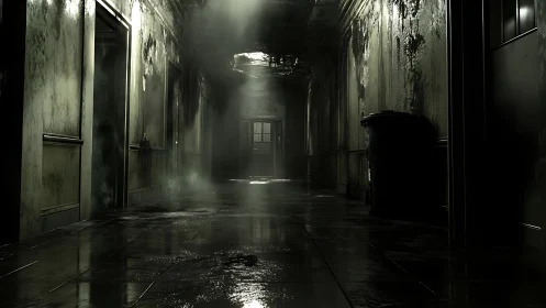 Rotting hospital corridor under harsh overhead light.