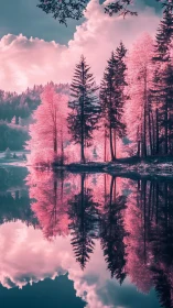 Dreamlike pink forest mirrored across still lake surface.