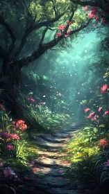Enchanted Forest Path Through Blooming Woodland.