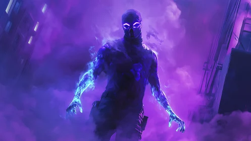 Cybernetic shadow strides through neon violet storm clouds