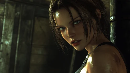 Intense digital portrait of wet haired woman in shadow.