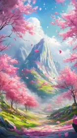 Mountain valley framed by cherry blossoms in springtime.