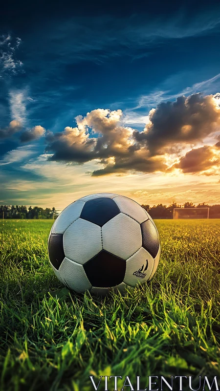 Soccer ball rests on grass field under vivid sunset sky