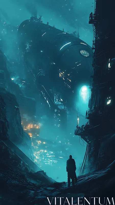 Futuristic industrial canyon with massive cylindrical ship.