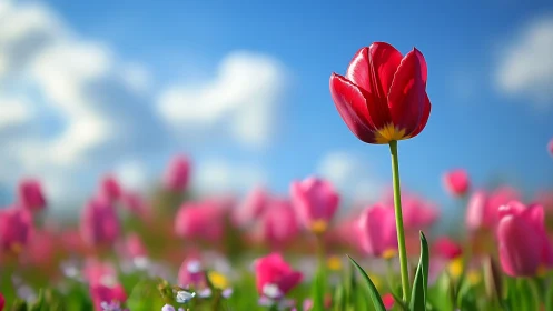 One bold red tulip daydreams above a rosy spring chorus