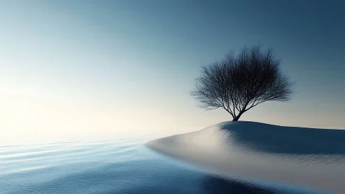 Solitary Tree on Snowy Hill at Dawn in Minimalist Style.