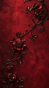 Crimson Roses. Ornate 3D Relief on Rich Red Velvet Background.