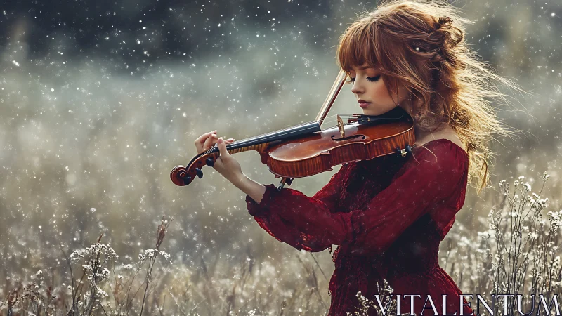 Violinist in crimson dress plays softly through falling snow.