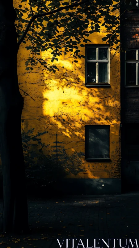 Golden wall hush where tree shadows write quiet stories.
