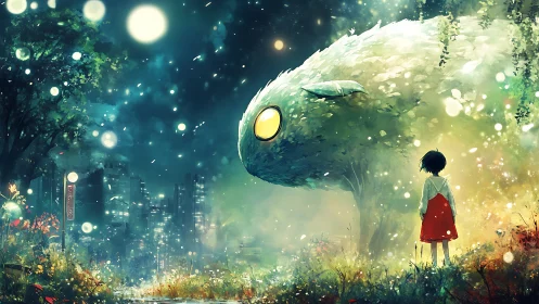 Child meets luminous forest spirit under moonlit sky.