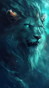 Storm-lit celestial lion with glowing ocean eyes.