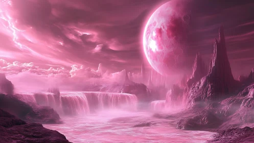 Rose nebula tidefalls under a looming lunar colossus.