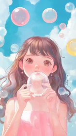 Girl holding clear bubble under bright summer sky.