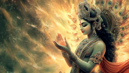 Radiant divine figure cradling light in swirling golden sky.