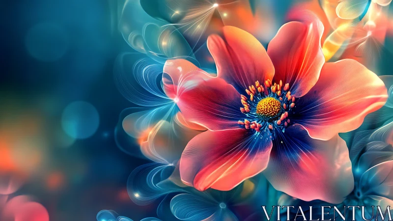 Glowing fantasy flower opens gently in a dreamy colored world