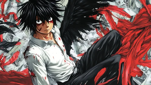 Injured anime boy with black wings amid red torn feathers.