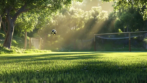 Sunlit forest pitch pauses as a lonely football hangs midair