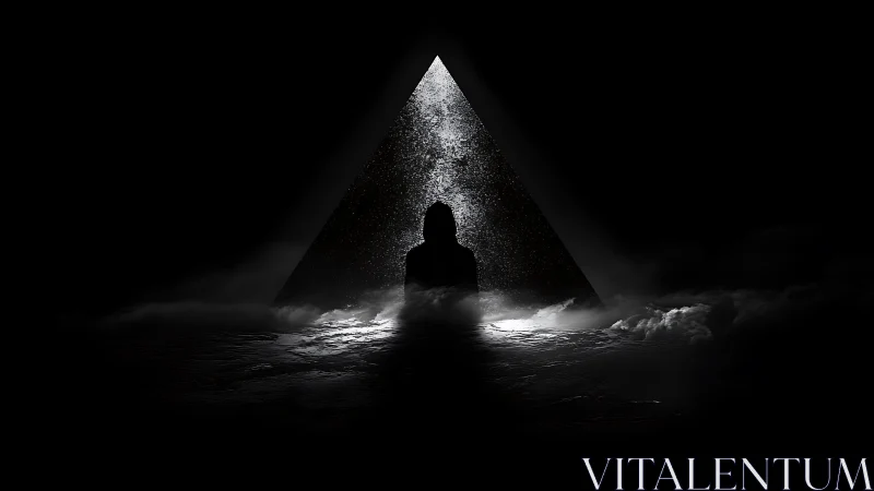 Backlit hooded silhouette before luminous triangular aperture.