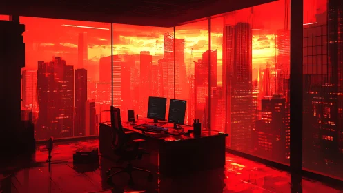 Cyberpunk office overlooks neon red city at sunset