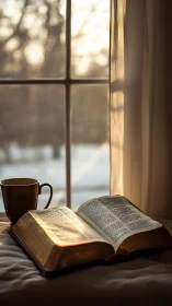 Sunlit open Bible and coffee by softly glowing window.