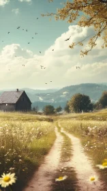 Rural dirt path leading to solitary house in open meadow.