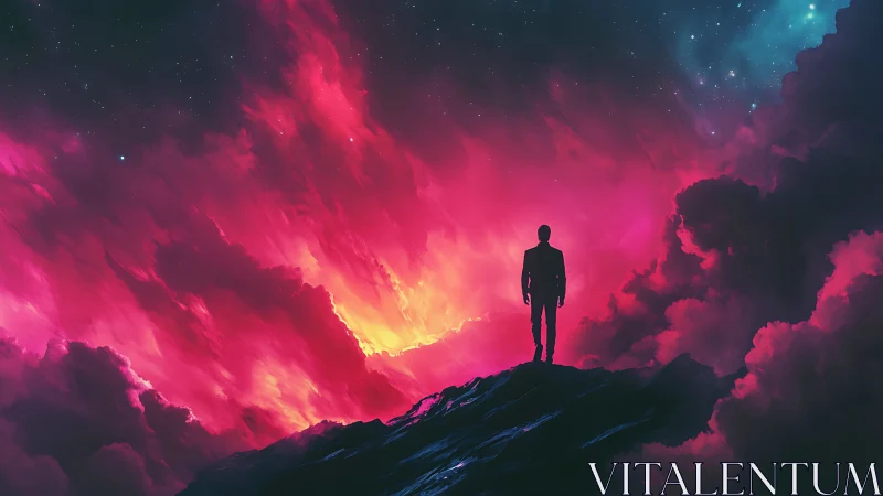 Solitary figure overlooks cosmic nebula in vivid magenta glow.