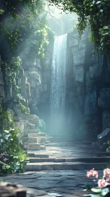Ancient stone terrace before narrow mist-lit jungle waterfall