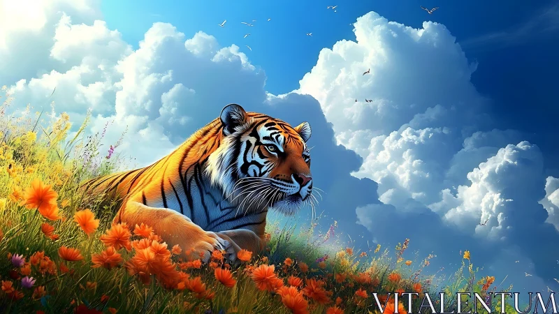 Chromatic tiger in hyperreal floral field under cumulus sky.