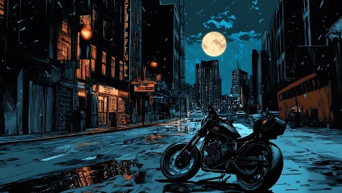 Midnight motorcycle under full moon in neon city street.