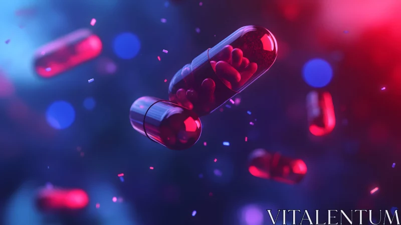 Vibrant Red Capsules Floating in Futuristic Neon Lighting.