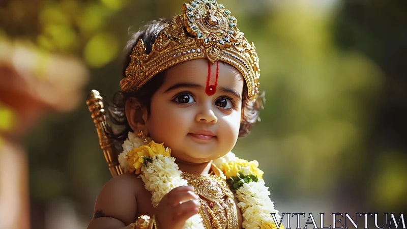 Little Krishna-inspired baby wrapped in golden festival glow.