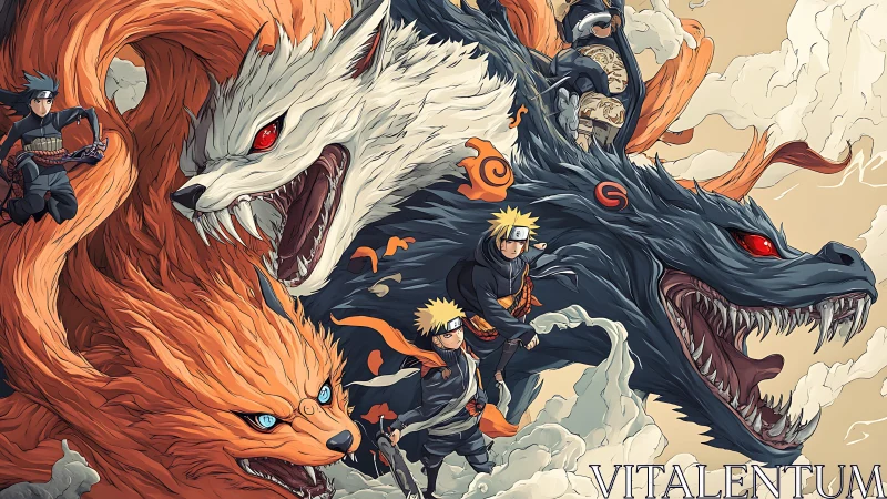 Elemental shinobi with summoned beasts in dynamic vector chaos.