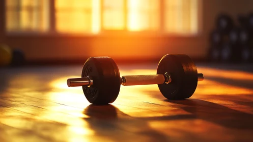 Morning sunlight crowns a lone dumbbell on polished boards