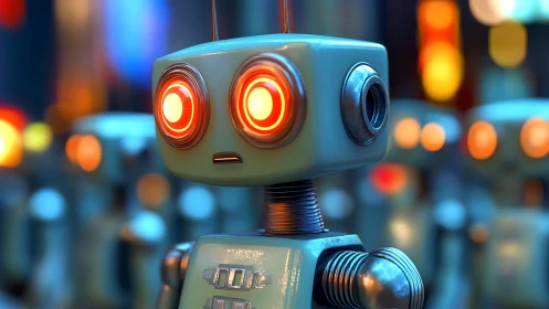 Curious little robot gazes ahead with glowing red eyes