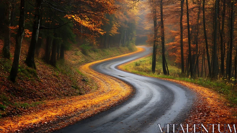 Winding forest road framed by golden autumn canopy.